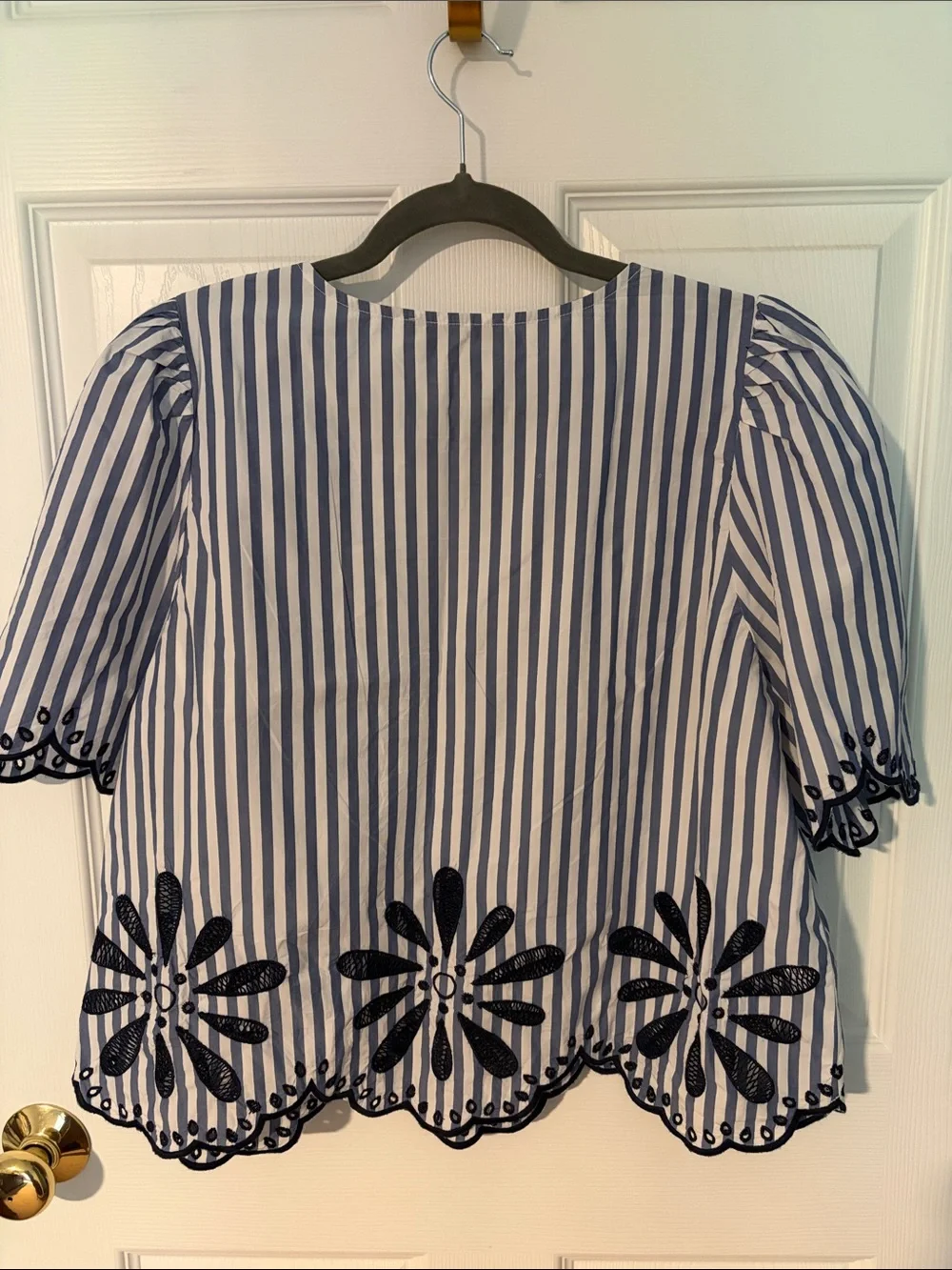 LOFT Navy and White Striped Embroidered Peasant Blouse